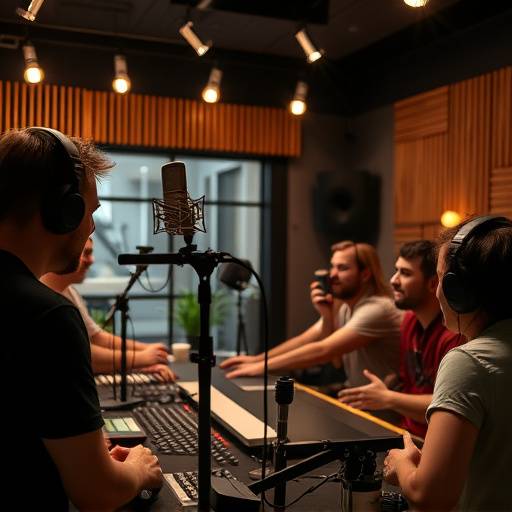A group of people recording a podcast in a studio