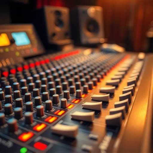 A mixing console with various knobs and sliders