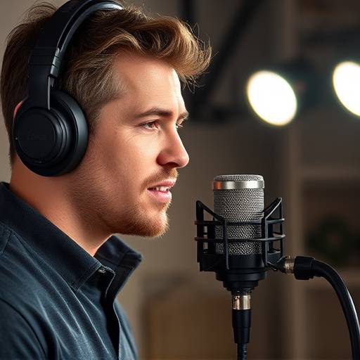 A voice-over artist speaking into a microphone